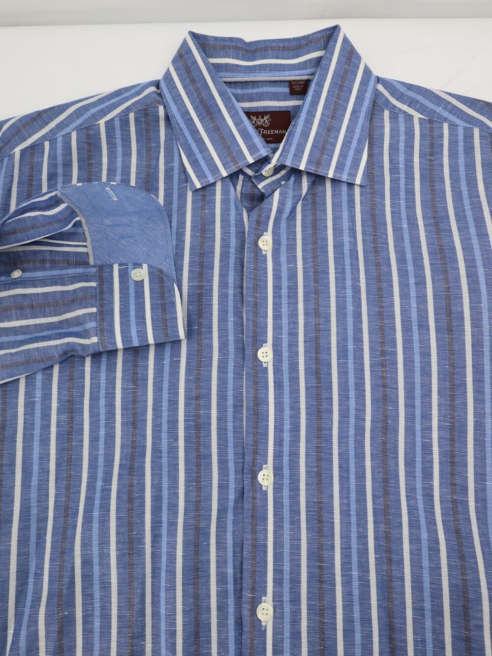 Hickey Freeman Shirt Men's Medium Button Up Cotton Linen Striped Long Sleeve